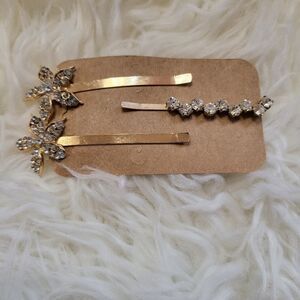 Set Of 3 Gold Flower Clear Multi Row Round Rhinestone Hair Clips